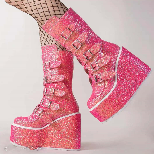 women dress shoes fancy glitter buckle strap platform boots super high heel ladys fashion knee high boots winter, Black
women dress shoes fancy glitter buckle strap platform boots super high heel ladys fashion knee high boots winter, Black