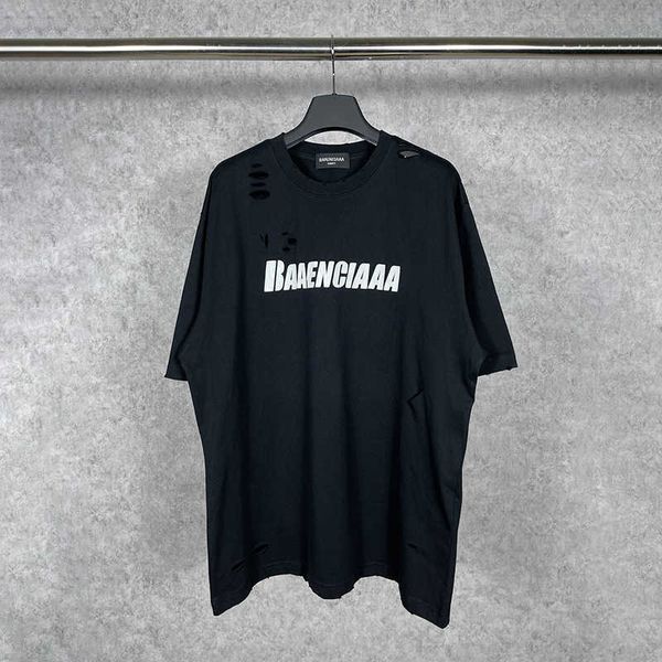 high edition new family classic letter printing washed old hole cut short sleeve t-shirt, White
high edition new family classic letter printing washed old hole cut short sleeve t-shirt, White