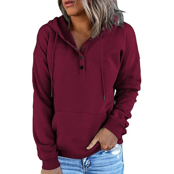 women long sleeve pullover solid kangaroo pocket hoodie with drawstring blouse button decoration, Black
women long sleeve pullover solid kangaroo pocket hoodie with drawstring blouse button decoration, Black