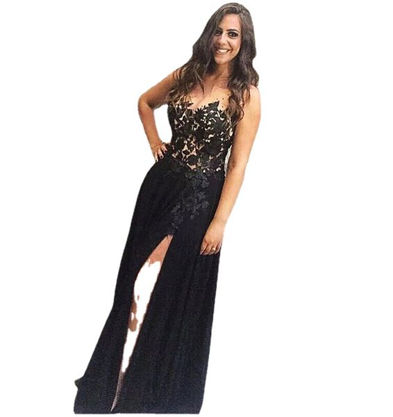 black lace split dresses evening wear beaded sheer jewel neck appliqued prom gowns a line floor length chiffon formal dress, Black;red
black lace split dresses evening wear beaded sheer jewel neck appliqued prom gowns a line floor length chiffon formal dress, Black;red