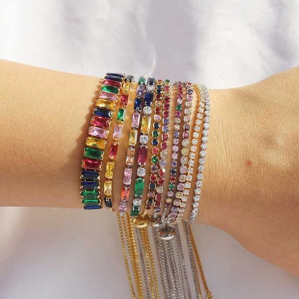 new gold plated multi color zircon square cz tennis chain rainbow bracelet women, Silver
new gold plated multi color zircon square cz tennis chain rainbow bracelet women, Silver