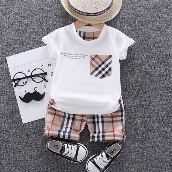designer boys' summer clothing set children's bear baby short sleeved fashionable checkered shorts two-piece set, White
designer boys' summer clothing set children's bear baby short sleeved fashionable checkered shorts two-piece set, White
