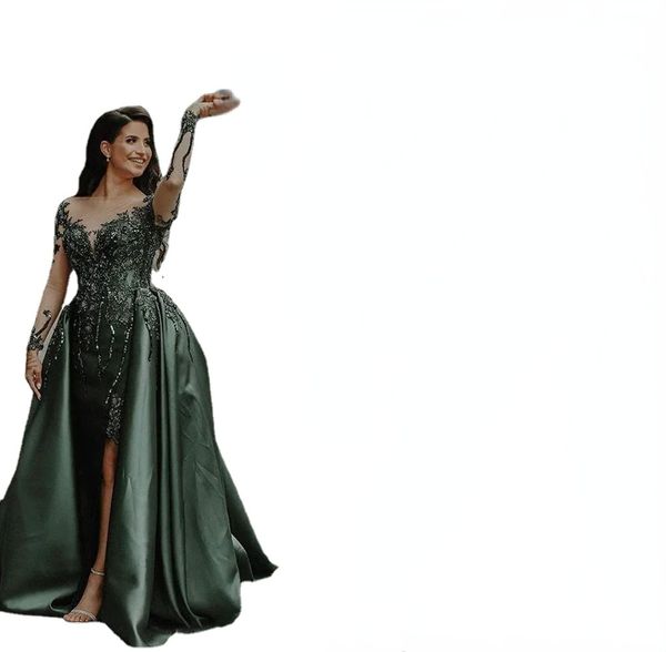 hunter emerald green evening formal dresses luxury long sleeve beaded lace slit arabic occasion prom dress with overskirt, Black;red
hunter emerald green evening formal dresses luxury long sleeve beaded lace slit arabic occasion prom dress with overskirt, Black;red
