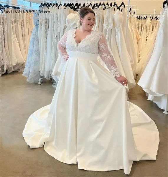 plus size wedding dresses with long sleeve 2023 appliques lace sheer back satin a line garden outdoor beach bridal gowns, White
plus size wedding dresses with long sleeve 2023 appliques lace sheer back satin a line garden outdoor beach bridal gowns, White