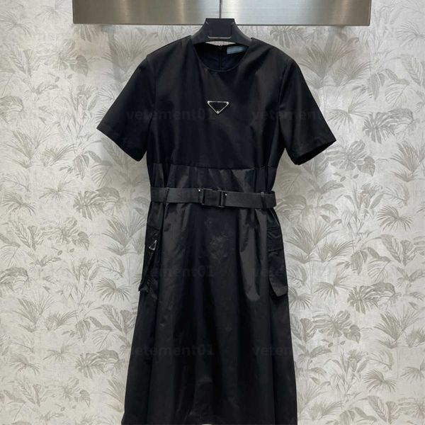 black dress womens designer clothing high waistline stitching nylon fabric triangle label work style double pockets decorated short sleeve s, Black;gray
black dress womens designer clothing high waistline stitching nylon fabric triangle label work style double pockets decorated short sleeve s, Black;gray