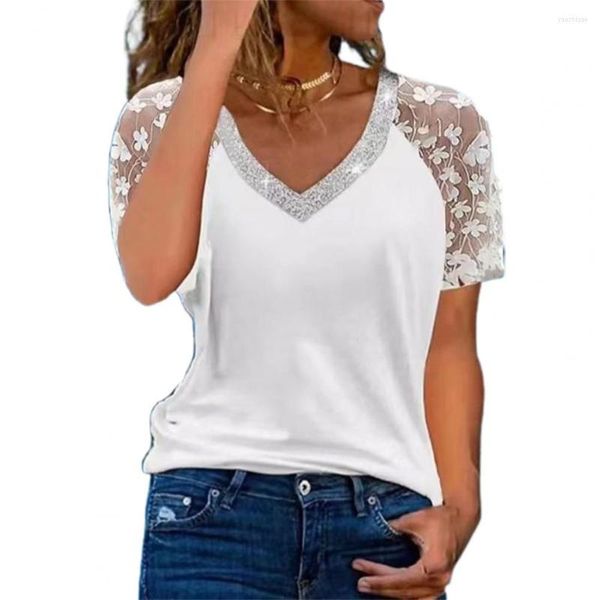 women's t shirts summer t-shirt women flower print see-through lace patchwork short sleeves loose shiny v neck breathable female top, White
women's t shirts summer t-shirt women flower print see-through lace patchwork short sleeves loose shiny v neck breathable female top, White