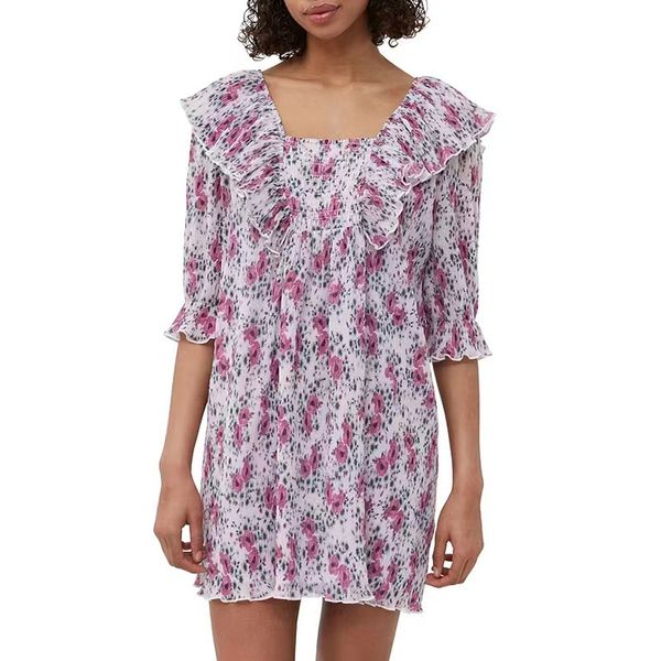 designer dress lilac square neck floral skirt with ruffle edge, bubble sleeve pleated dress for women, Black;gray
designer dress lilac square neck floral skirt with ruffle edge, bubble sleeve pleated dress for women, Black;gray