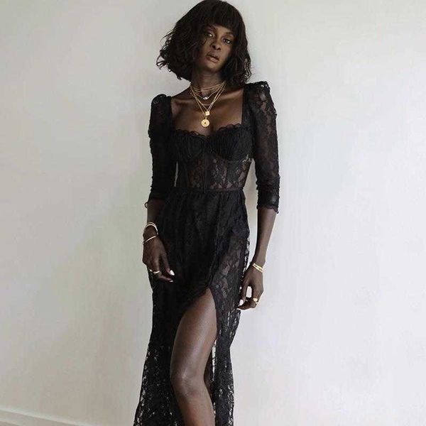 style summer casual dresses womens clothing see through lace square collar nine quarter sleeve slit slim dress, Black;gray
style summer casual dresses womens clothing see through lace square collar nine quarter sleeve slit slim dress, Black;gray
