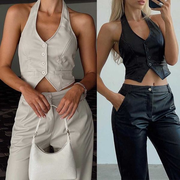 women pu leather halter neck summer solid color casual buttons v-neck crop tank, White
women pu leather halter neck summer solid color casual buttons v-neck crop tank, White