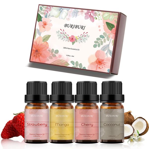 buriburi fruit essential oils gift set of 4 premium fruity essential oils - strawberry oil, cherry oil, mango oil, coconut oil for diffusers
buriburi fruit essential oils gift set of 4 premium fruity essential oils - strawberry oil, cherry oil, mango oil, coconut oil for diffusers