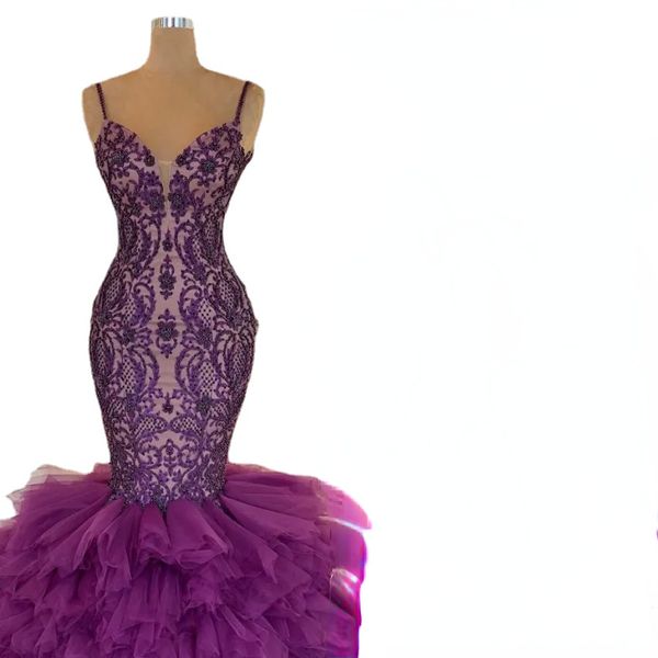 purple beaded lace mermaid evening dresses sheer plunging neck tiered prom gowns floor length tulle formal dress, Black;red
purple beaded lace mermaid evening dresses sheer plunging neck tiered prom gowns floor length tulle formal dress, Black;red