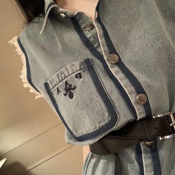 designer's new p house lapel denim furred hem sleeveless vest dress summer belt embroidered logo shirt dress, White
designer's new p house lapel denim furred hem sleeveless vest dress summer belt embroidered logo shirt dress, White