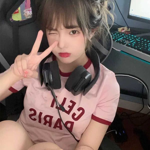 fashion brand ce lin's cute girl style flocking letter pink round neck niche design t-shirt with short sleeves, White
fashion brand ce lin's cute girl style flocking letter pink round neck niche design t-shirt with short sleeves, White