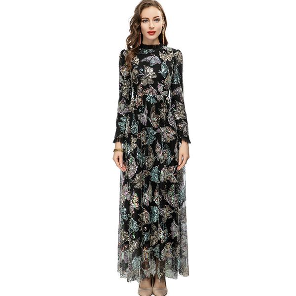 women's runway dress o neck long sleeves sequined butterflies handmade fashion maxi designer party prom gown, Black
women's runway dress o neck long sleeves sequined butterflies handmade fashion maxi designer party prom gown, Black