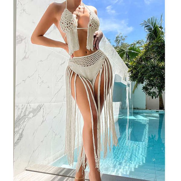 women's swimwear two piece knit crochet swimsuits for women 2023 beachwear push up halter tie up tassel bra with bottom cover up bikini, White;black
women's swimwear two piece knit crochet swimsuits for women 2023 beachwear push up halter tie up tassel bra with bottom cover up bikini, White;black