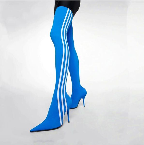 2023 fall winter fabric stretch boots colorful thin high heeled long strip boot shoes, Black 
2023 fall winter fabric stretch boots colorful thin high heeled long strip boot shoes, Black