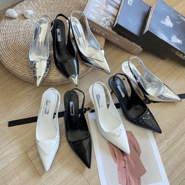 

2023 summer branded dress shoes women triangle logo pumps mid-heel slingback sandals designers summer shoes 7cm heels sandales leather slive, Black