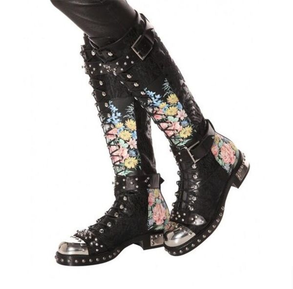 black rivets metal boots for women thick heel bandage print lady winter over the knee boots
black rivets metal boots for women thick heel bandage print lady winter over the knee boots