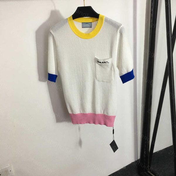 23ss womens knits womens designer clothing monogram embroidery pocket tri-color matching twist short sleeve sweater womens clothes, White
23ss womens knits womens designer clothing monogram embroidery pocket tri-color matching twist short sleeve sweater womens clothes, White