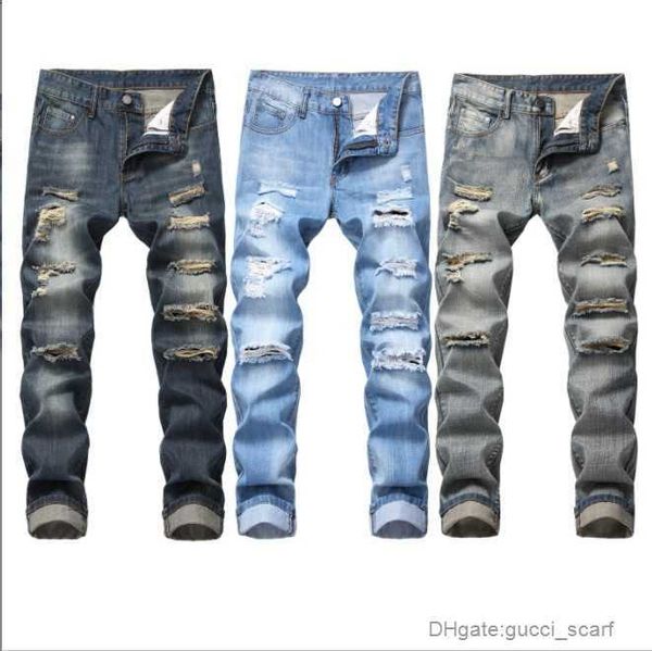 men's jeans wear with holes straight fit bulletless jeans and many tattered men's pants, Blue
men's jeans wear with holes straight fit bulletless jeans and many tattered men's pants, Blue