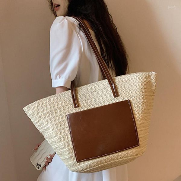 women braided basket shoulder bag large capacity straw fashion summer beach tote female travel shopper handbag pocket design
