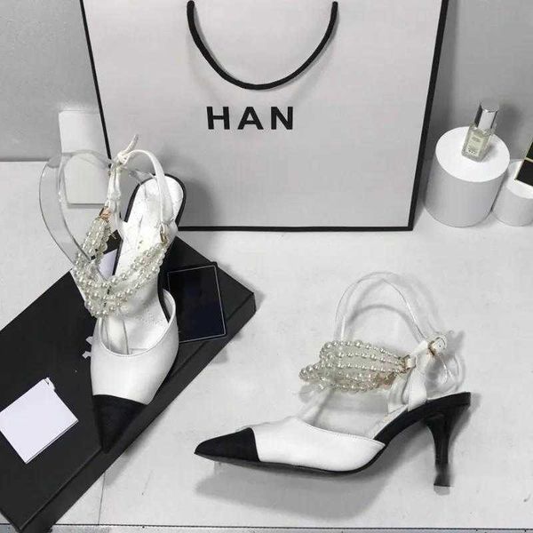 designer pearl chain kitten heel sandals leather color matching luxury women's designer shoes, Black
designer pearl chain kitten heel sandals leather color matching luxury women's designer shoes, Black