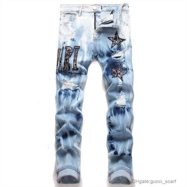 men's jeans am style punk blue hole slim fit elastic print dyed small feet 3091