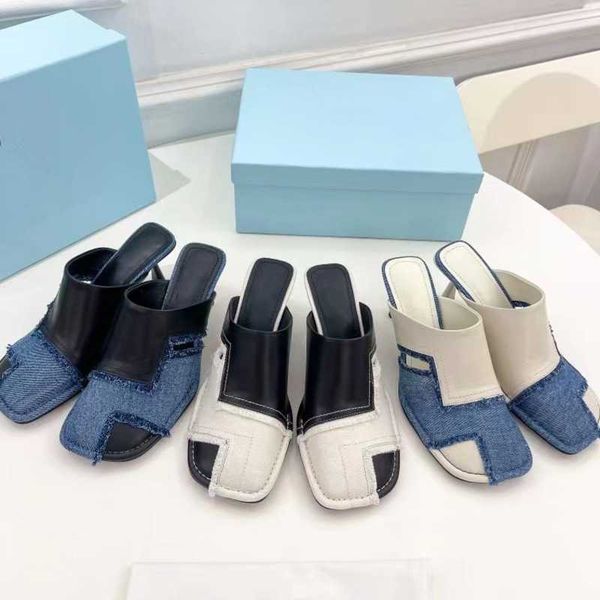 spring/summer new denim spliced square headed baotou high heel half trailer women's thin muller sandal slippers 0621-23-222, Black
spring/summer new denim spliced square headed baotou high heel half trailer women's thin muller sandal slippers 0621-23-222, Black