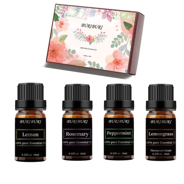 buriburi essential oil set - set of 4 - lemongrass, lemon, rosemary, peppermint (essential oils 4 x 10ml, 100% pure diffuser oil for massage
buriburi essential oil set - set of 4 - lemongrass, lemon, rosemary, peppermint (essential oils 4 x 10ml, 100% pure diffuser oil for massage