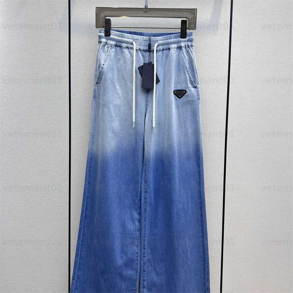 women jeans designers clothing cotton denim fabric front pocket classic triangle logo gradient color blocking denim drawstring casual pants, Blue
women jeans designers clothing cotton denim fabric front pocket classic triangle logo gradient color blocking denim drawstring casual pants, Blue