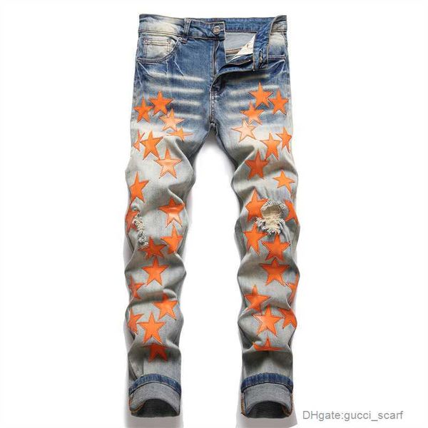 men's jeans am style punk blue perforated slim fit elastic embroidery pentagram small feet 3322
men's jeans am style punk blue perforated slim fit elastic embroidery pentagram small feet 3322