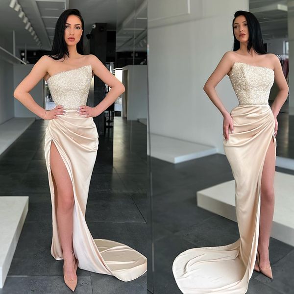 champagne prom dresses strapless sequins party evening gowns pleats slit semi formal red carpet long special occasion dress, Black
champagne prom dresses strapless sequins party evening gowns pleats slit semi formal red carpet long special occasion dress, Black