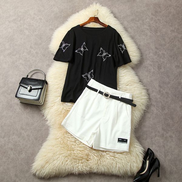 european and american women's clothes 2023 summer new short sleeve drill butterfly t-shirt belt shorts fashion suit, White
european and american women's clothes 2023 summer new short sleeve drill butterfly t-shirt belt shorts fashion suit, White