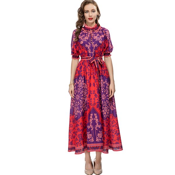 women's runway dresses ruffled collar short sleeves printed lace up waist high street fashion designer vestidos, Black
women's runway dresses ruffled collar short sleeves printed lace up waist high street fashion designer vestidos, Black