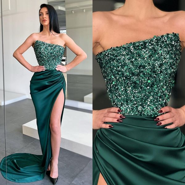 dark green prom dresses strapless sequins party evening gowns pleats slit semi formal red carpet long special occasion dress, Black
dark green prom dresses strapless sequins party evening gowns pleats slit semi formal red carpet long special occasion dress, Black