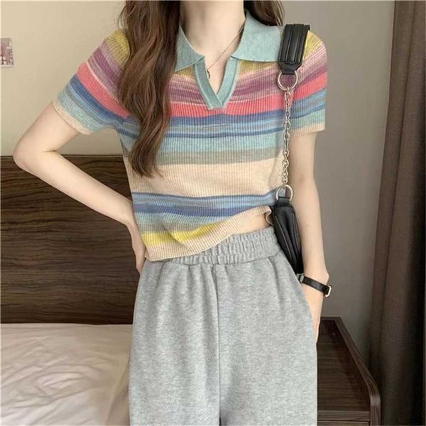 new rainbow stripe polo neck sleeve t-shirt for women's summer slim fit small and short knit mesh crop woman clothes 2023, White
new rainbow stripe polo neck sleeve t-shirt for women's summer slim fit small and short knit mesh crop woman clothes 2023, White
