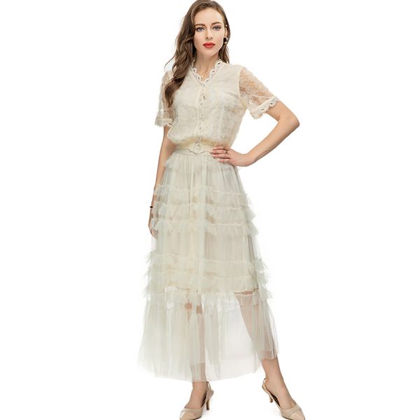 women's runway designer two piece dress v neck short sleeves lace blouse with tiered ruffles skirt fashion twinset sets, White
women's runway designer two piece dress v neck short sleeves lace blouse with tiered ruffles skirt fashion twinset sets, White