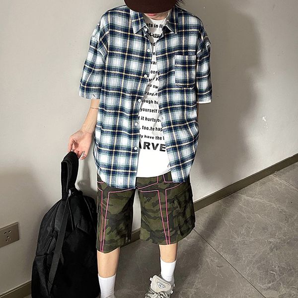 red blue shirt plaid patchwork summer shirts short sleeve pockets casual, White;black
red blue shirt plaid patchwork summer shirts short sleeve pockets casual, White;black
