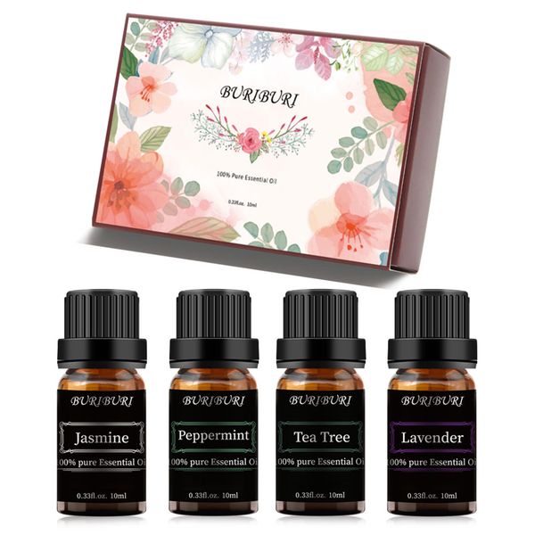 buriburi essential oil set - set of 4 - peppermint, tea tree, lavender, jasmine(essential oils 4 x 10ml, 100% pure diffuser oil for massage,
buriburi essential oil set - set of 4 - peppermint, tea tree, lavender, jasmine(essential oils 4 x 10ml, 100% pure diffuser oil for massage,