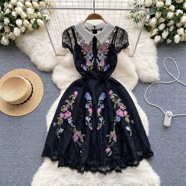 european and american retro court style high-end embroidery lace large swing dress doll neck short sleeved waistband slim lace dress, Black;gray
european and american retro court style high-end embroidery lace large swing dress doll neck short sleeved waistband slim lace dress, Black;gray