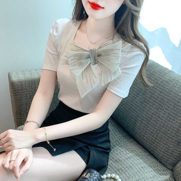 2023 summer new square neck bow spliced short sleeve t-shirt women's design sense small and fashionable blouses women ladies shirts, White
2023 summer new square neck bow spliced short sleeve t-shirt women's design sense small and fashionable blouses women ladies shirts, White