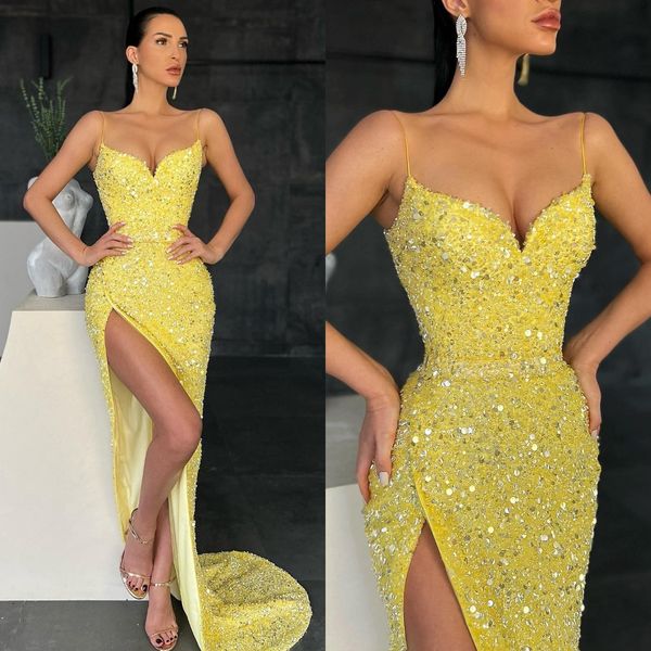 elegant yellow prom dresses spaghetti sequins sheath party evening gowns slit formal long special occasion dress, Black
elegant yellow prom dresses spaghetti sequins sheath party evening gowns slit formal long special occasion dress, Black
