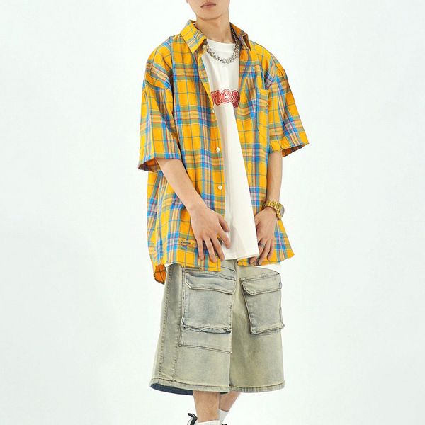 yellow blue summer plaid hawaiian shirts men's shirt short sleeve oversized tees, White;black
yellow blue summer plaid hawaiian shirts men's shirt short sleeve oversized tees, White;black