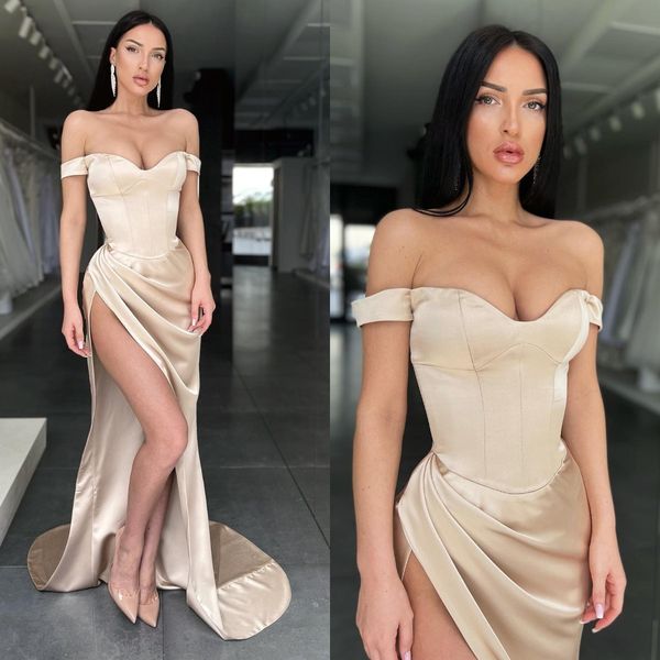 champagne prom dresses off shoulder party evening gowns pleats slit semi formal red carpet long special occasion dress, Black
champagne prom dresses off shoulder party evening gowns pleats slit semi formal red carpet long special occasion dress, Black