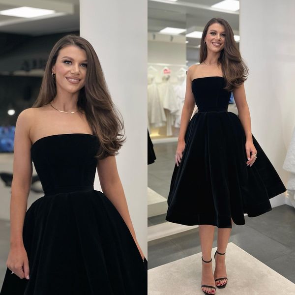 black prom dresses strapless velvet party evening gowns ruffle a line semi formal tea length special occasion dress
black prom dresses strapless velvet party evening gowns ruffle a line semi formal tea length special occasion dress
