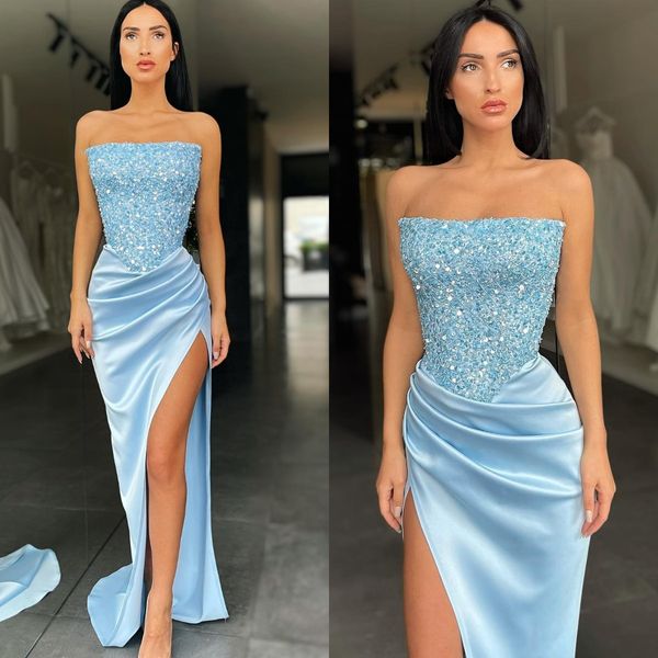 baby blue prom dresses strapless sequins party evening gowns pleats slit semi formal red carpet long special occasion dress, Black
baby blue prom dresses strapless sequins party evening gowns pleats slit semi formal red carpet long special occasion dress, Black
