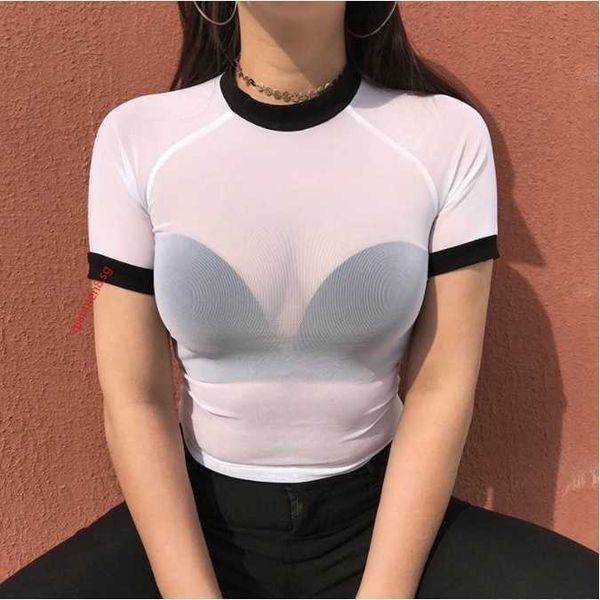 women lady see through sheer mesh short sleeve casual shirt, White