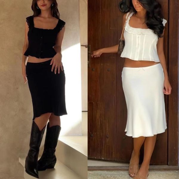 women casual fashion set new ruffles lace collar vest high waist midi length tumpet, Black
women casual fashion set new ruffles lace collar vest high waist midi length tumpet, Black