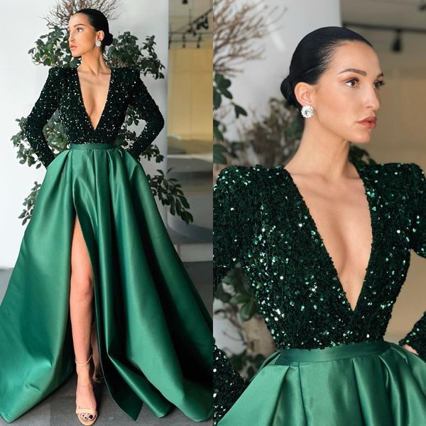 dark green sequins prom dresses plunging v neck a line party evening gowns pleats long sleeves slit semi formal red carpet long special occa, Black
dark green sequins prom dresses plunging v neck a line party evening gowns pleats long sleeves slit semi formal red carpet long special occa, Black