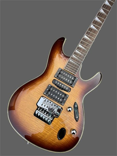 mahogany body electric guitar, flame beige mahogany fingerboard, brown burst, 0316,2023
mahogany body electric guitar, flame beige mahogany fingerboard, brown burst, 0316,2023